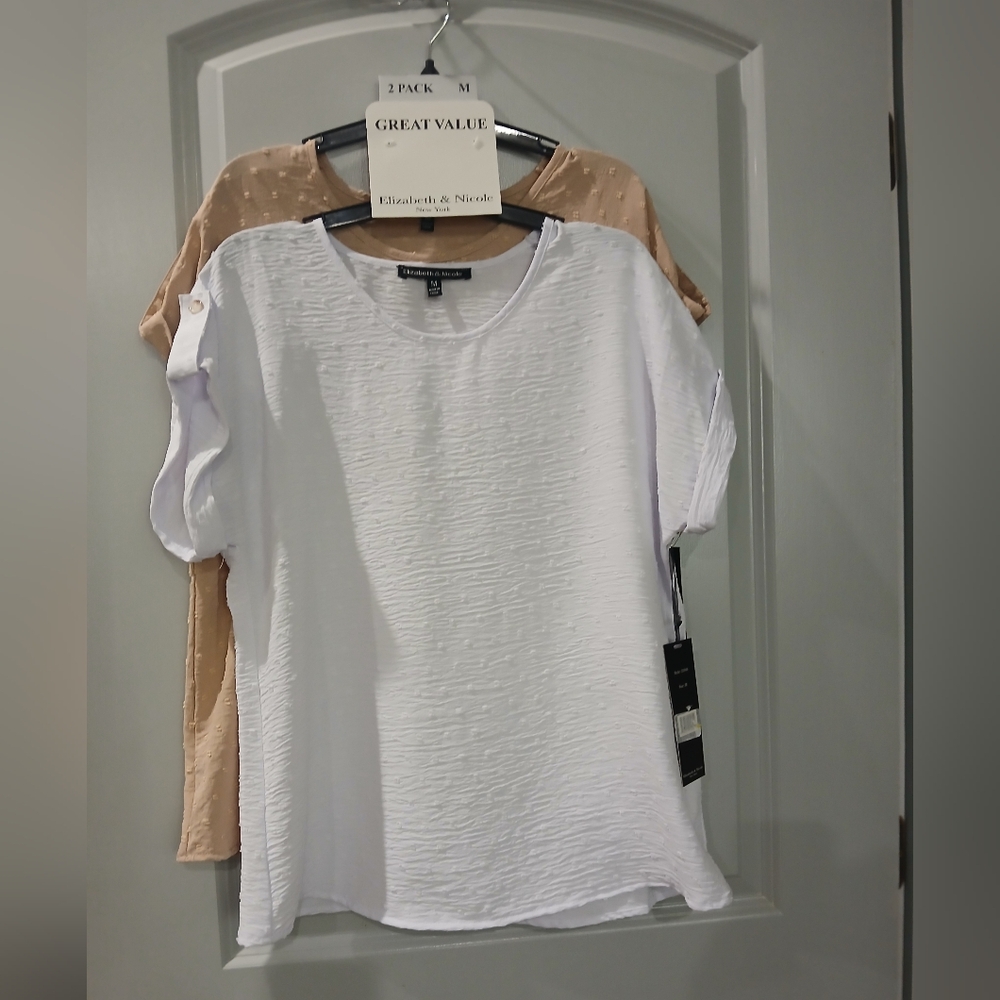 White and Tan Short Sleeve Blouse NWT